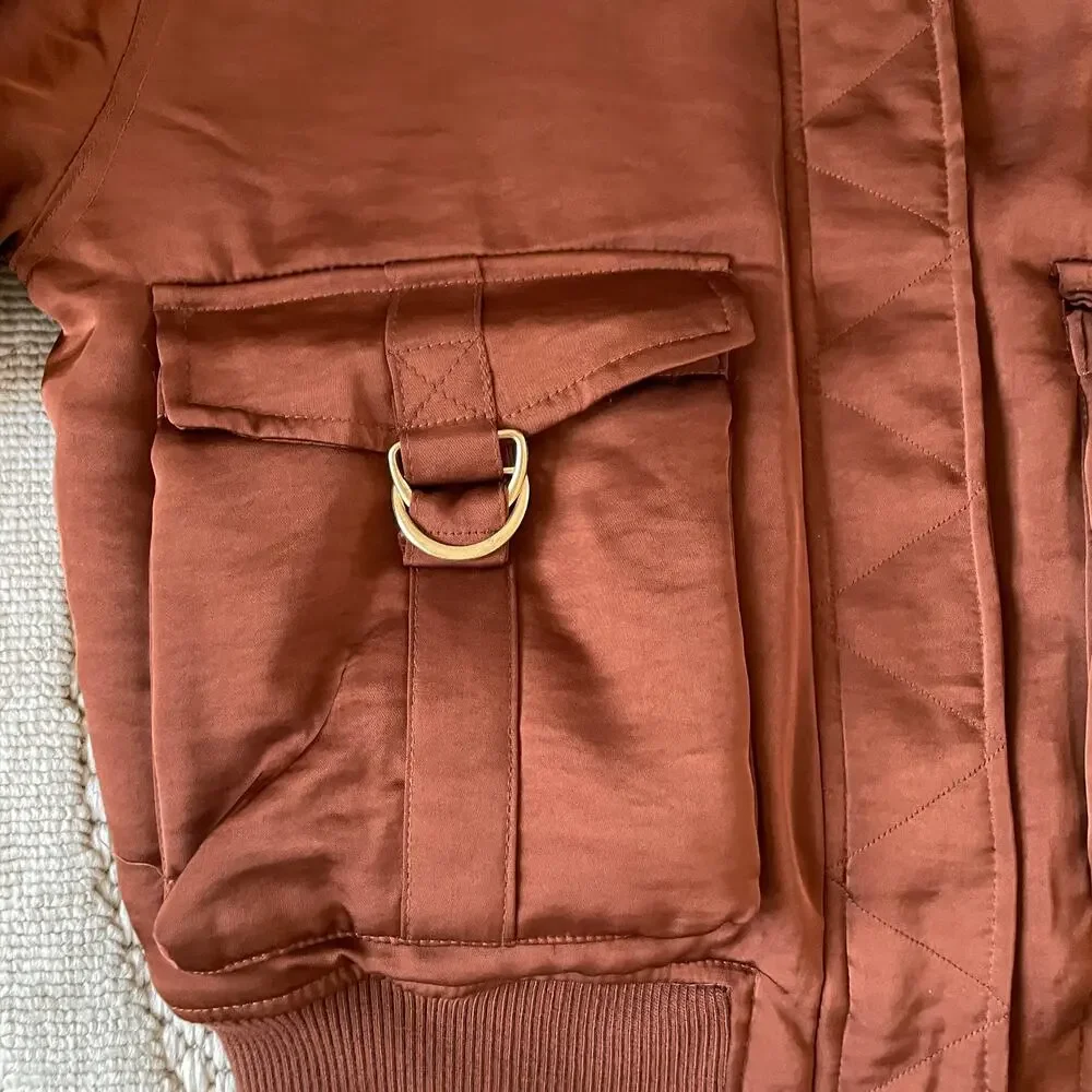 HOUSE OF HARLOW 1960 Women's Satin Zip Up Bomber Jacket Size M Copper Brown NEW - Picture 16 of 16
